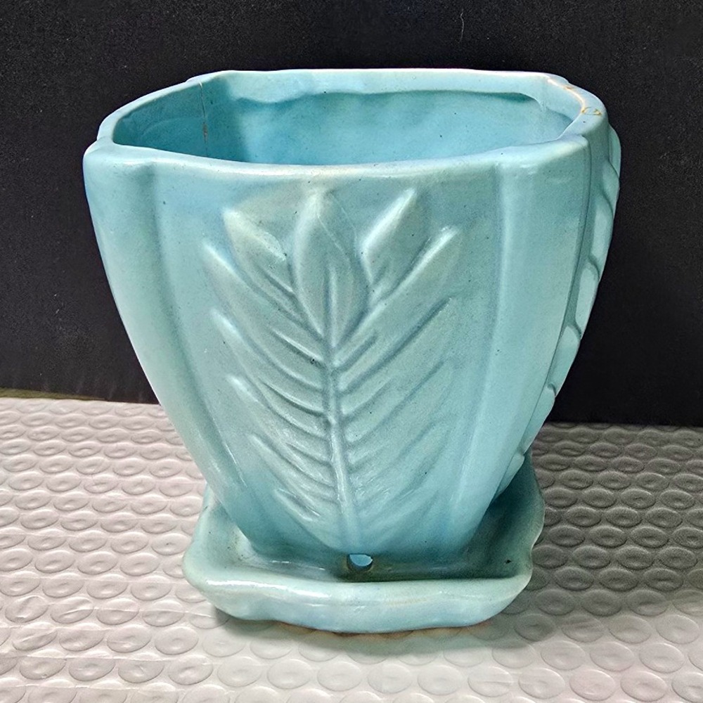 Blue Ceramic Square Leaf Planter w/ Attached Saucer Glossy MCM National Pottery